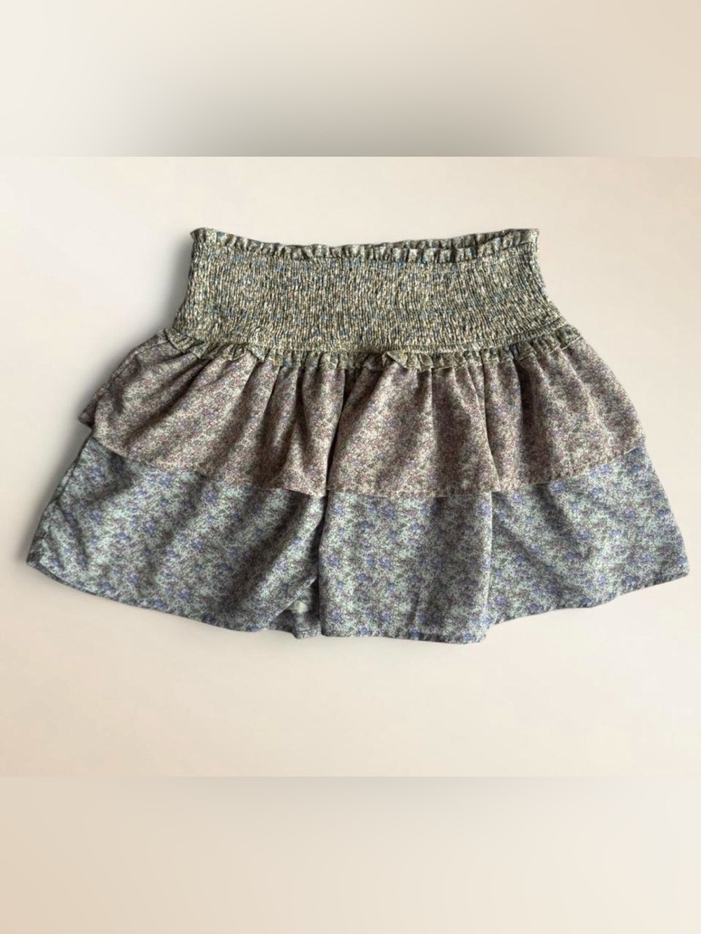 Storia Pastel Floral Smocked Waist Tiered Mini Skirt Cottagecore Coquette Size M